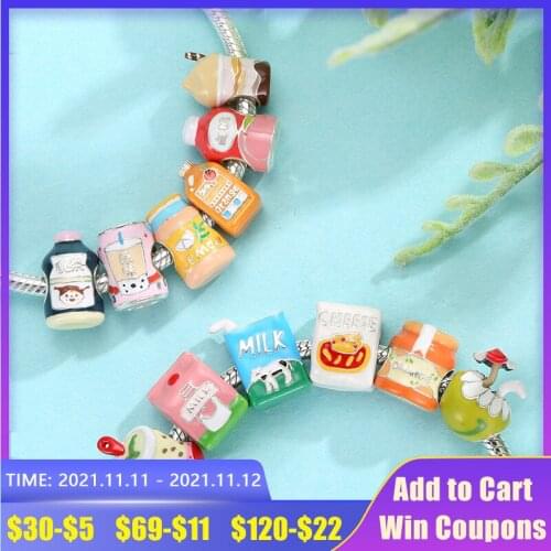 Fine Jewelry 925 Sterling Silver Beverage Milk Juice Beads for Bracelet Making Handmade Enamel Food Charms DIY Gifts