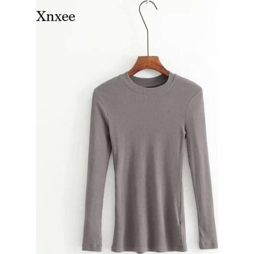 Kintted Tops Spring Summer Pure Cotton for Women Casual Slim Elastic O-Neck Long-Sleeve T Shirt Fashion Slim Tee Clothing