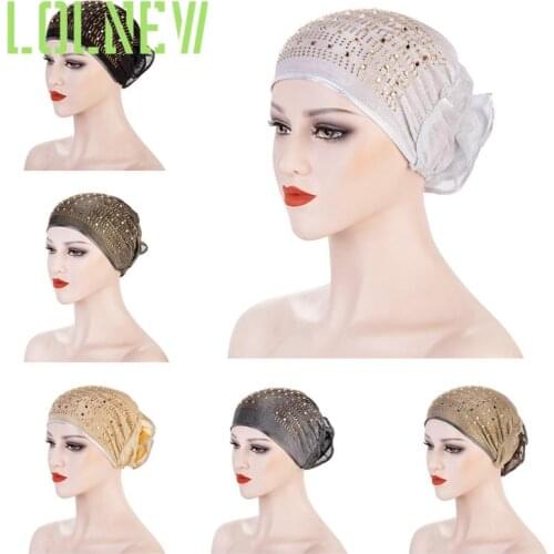 Womens Sequins Drilling Big Flower Hair Care Islamic Jersey Head Scarf Muslim Hijab Wrap Stretch Turban Hat Chemo Cap Head Wrap