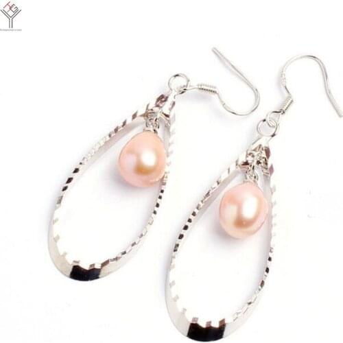 Women Jewelry Earring 9-11mm Bright light pink Pearl Dangle Hook Earring oval hollow Natural Freshwater pearl