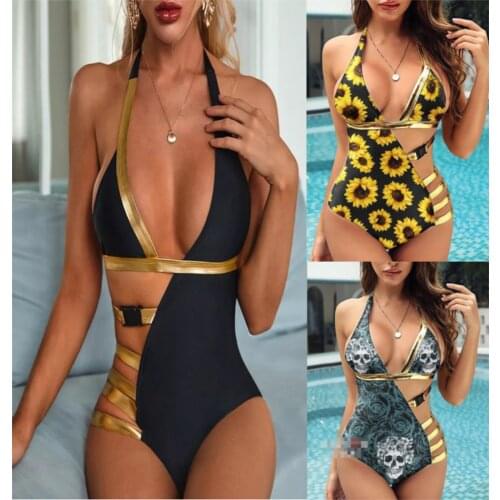 Summer Sexy Bandage One Piece Swimsuit Women Swimwear Deep V-Neck Hollow Out Patchwork Sleeveless Beachwear