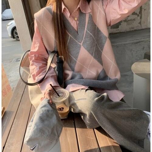 Retro Y2k Pink Argyle Knitted Pullovers Vest Women Autumn 2021 Korean Fashion V-neck Sleeveless Loose Preppy Style Sweater Vest