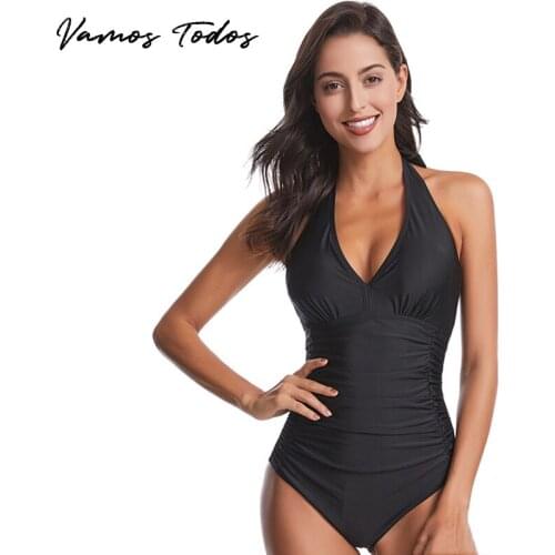 Vamos Todos 2021 Summer Solid Print Swimwear Women Neck-Mounted Bathing Suit For Women Tummy Control Plus Size Vintage Swimsuit
