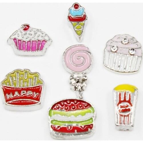 20pcs/lot Lollipops Ice Cream Cakes Burgers Fries Enamels Food Floating Charms For Glass Lockets Memory Pendant Jewelry