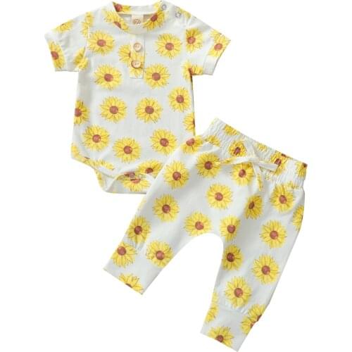 2021 0-18M Infant Girl Clothing Set Sunflower Print Button Short Sleeve Romper+Harem Pants Summer Casual Outfits 2pcs