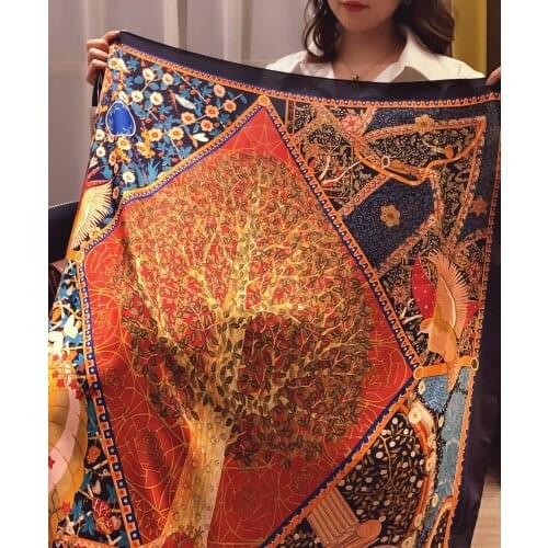 2021 silk scarf fashion ladys Square Scarf 90cm * 90cm Bohemian printing fortune tree flower ladys matching silk scarf Bib
