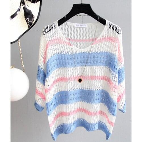 Summer Casual Loose Striped Women Knit Jumper V-Neck Three Quarter Ladies Thin Sweater Half Batwing Sleeve Pullovers for Female
