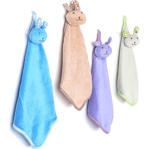 No Lint Eco-friendly Water Absorption Cloth Cute Cartoon Rabbit Hanging Hand Towels Soft Coral Velvet Candy Colors