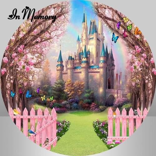 InMemory Princess Castle Round Circle Backdrops For Photography Pink Flower Tree Fence Butterfly Girl Birthday Party Background