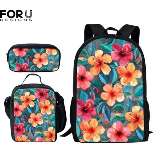 FORUDESIGNS Fashion Style Backpack for Women Girls Tropical Hibiscus Flower Printing Teens Daypack Book Bags Schoolbags Set