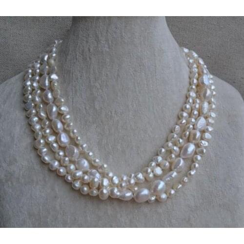 Nice Natural Baroque Pearl Necklace,4 Rows Real Freshwater Pearl Necklace,18 inches AA 6-12MM White Pearls Jewellery