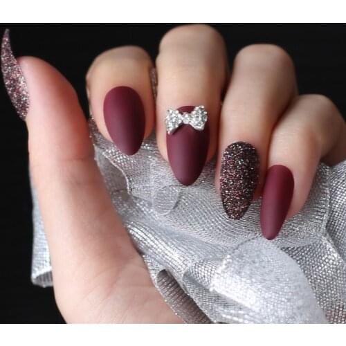Matte Glitter MIX DIY nail Stiletto coffee False nail Burgundy wedding Nails Butterfly gold 3D bowknot flowers 24pcs full set