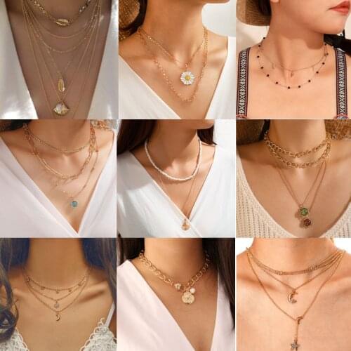 Trendy Multilayered Moon Necklace For Women Fashion Crystal Gold Pearl Choker Necklaces 2021 Trend Jewelry Gift