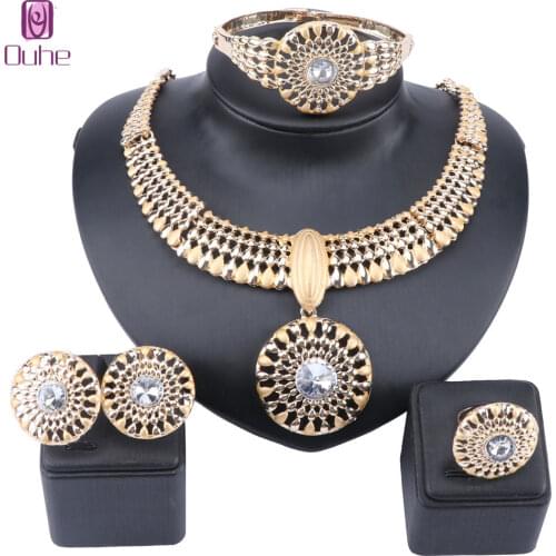 Fashion Dubai Gold Jewelry Nigerian Crystal Necklace Earring Bangle Ring Women Italian Bridal Wedding Accessories Jewelry Set