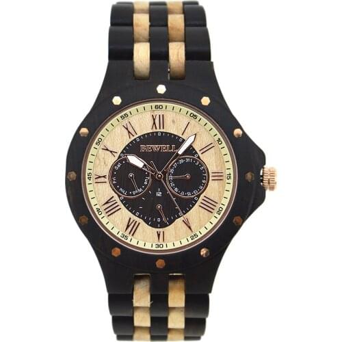 BEWELL Mens Maple and Sandal Wooden Watches Handmade Date Display Analog Quartz Vintage Round Wood Case