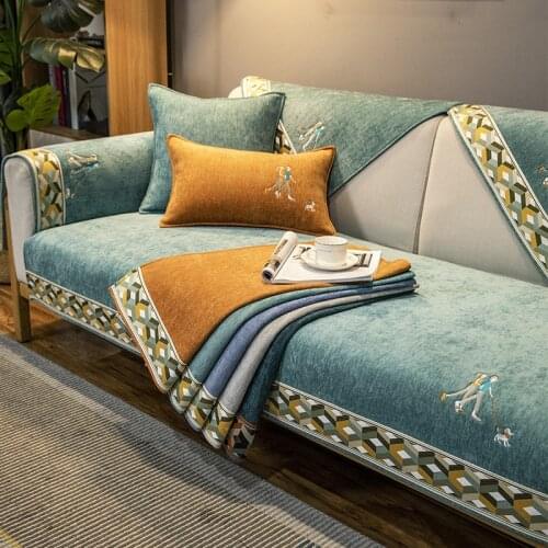Nordic Chenille Couch Cover Non-slip Embroidery Armchair Cover Sofa Slipcover 1/2/3/4 Seater Furniture Protector Anti Scratch