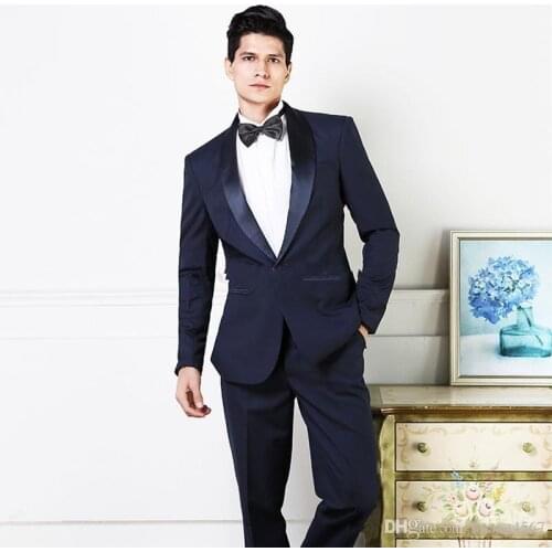 New Latest Design One Button Navy Blue Wedding Groom Tuxedos Shawl Lapel Groomsmen Men Suits Prom Blazer (Jacket+Pants+Tie)