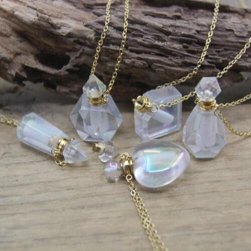 Aura White Crystal Perfume Bottle Pendants Chains Natural Quartz Gems Heart Essential Oil Vial Charms Necklace Jewelry QC1016