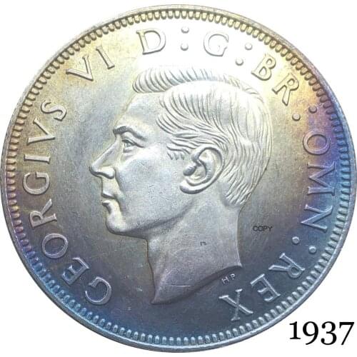 United Kingdom 1937 KG 1/2 Half Crown King George VI Left Sixth Great Britain HP Silver Plated Copy Coin Reeded Edge