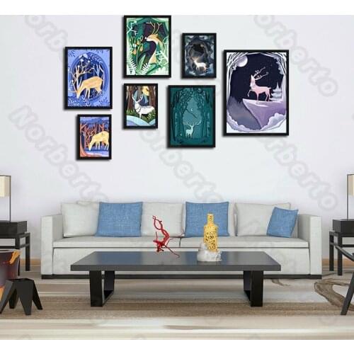 Nordic Animal Style Canvas Painting Poster Different Deers Exposed In Moonlight In The Forest At Night for Home Rooms Decoration