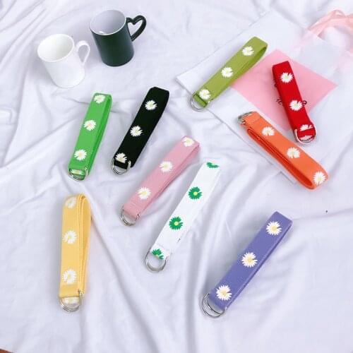 Fashion Women Daisy Printed Belt Unisex Double Ring Canvas Strap Female Long Belts For Jeans Belts Female Harajuku Waistband