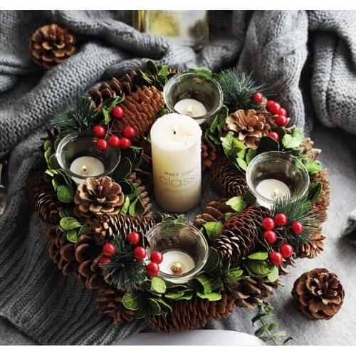 Christmas Candle Holders Pine Cone Berries Woodland Rustic Xmas Decor Table Centerpiece Christmas Wreath with Four CandleHolder