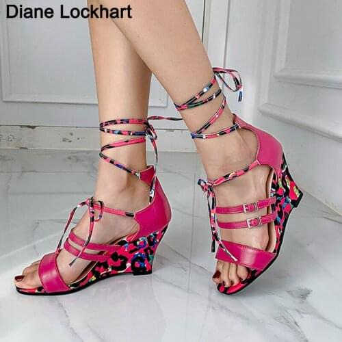 Sandalias Mujer Print Leisure Wedges Sandals Women Shoes Platform Shoelaces Ladies Summer High Heels Vacation Casual Sandalen
