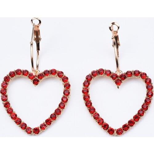 Red Crystal Rhinestone Heart Shape Drop Earrings Women Fashion Metal Circle Dangle Earrings Jewelry Female Ear Hook Earring 2020