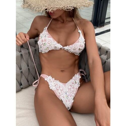Rhinestone Swimsuit Women Bikinis Crystal Diamond Lace Patchwork Bikini Set Metal Chain Bathing Suit Bandage Thong Swimwear