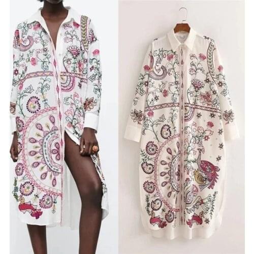 Za 2021 White Long Shirt Women Print Button Up Shirt Woman Vintage Long Sleeve Blouse Female Asymmetric Hem Summer Top