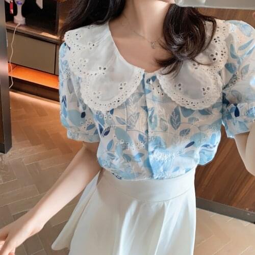 Summer Womens Blouse Puff Sleeve Floral Shirt Doll Collar Short Sleeve Hollow Top Blusas Mujer De Moda