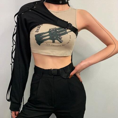 Women Fashion Irregular One Shoulder Long Sleeved Tie-up Idol stage performance Costume Hip Hop Buckle Halter Punk Top Streetwea