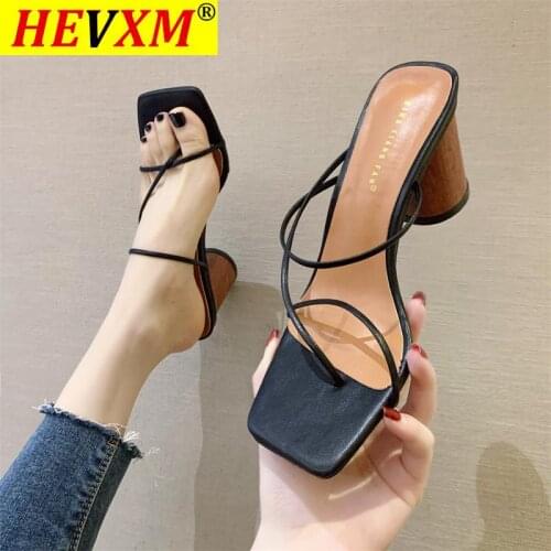 2021 Wood Heel Slipper Womens Sandals Vintage Square Toe Narrow Band High Heel Sandals Women Summer Shoes Women