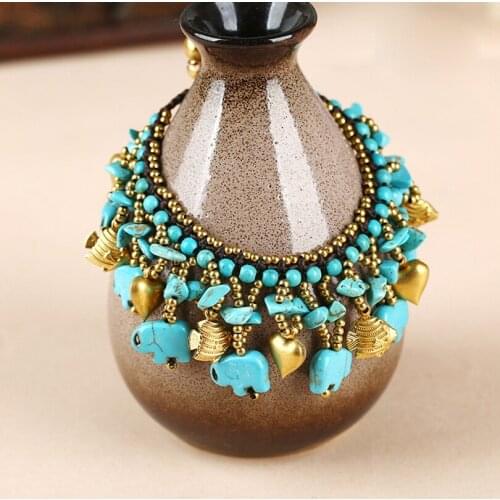 Bohemian Style Turquoise Copper Accessories Thai Wax Thread Hand-Woven With Elephant Women Bracelets On Hand Chain раслет