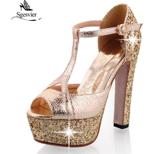 Sgesvier Summer Gladiator Sandals T-strap Bling Bling Thick High Heels Platform Sandals Party Wedding Shoes Ladies Sandal OX463