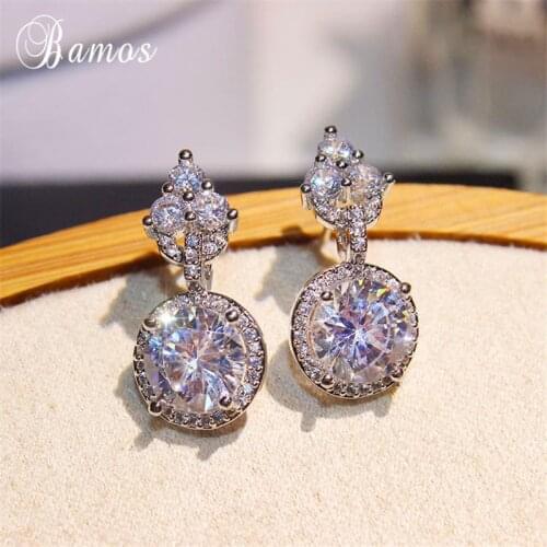 Bamos Silver Color Round Drop Earrings Women Fashion Cubic Zirconia Wedding Earrings Simple Geometric Jewelry Accessories