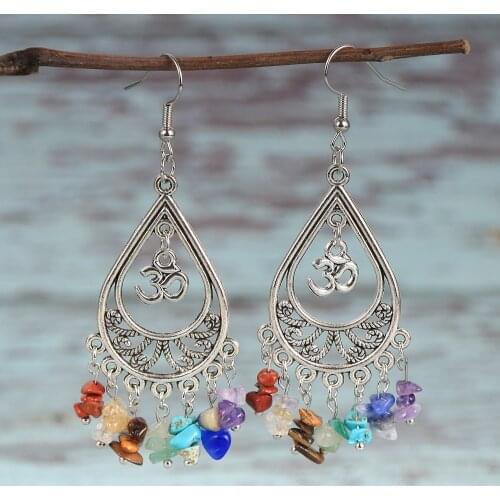 Women Natural Stone 7 Chakras Chip Gravel Earrings Metal Dorp Dangled Earring Hoop Yoge Healing Reiki OM Charm Hanging Jewelry