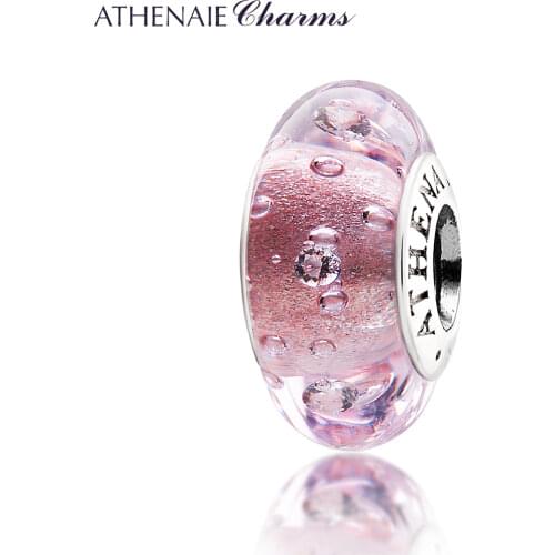 ATHENAIE Genuine 925 Silver Core Murano Glass Beads Effervescence Clear CZ Charm Bead Fit European Women Bracelet Color Pink