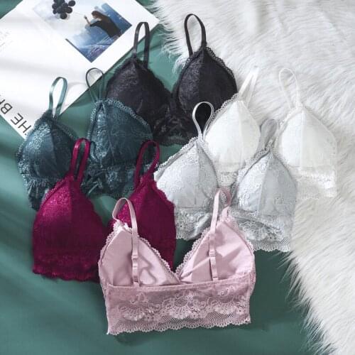 Linbaiway 2021 Deep V Triangle Cup Lace Bralette Bras for Women Sexy Female Gathered Padded Underwear Brassiere Lingerie