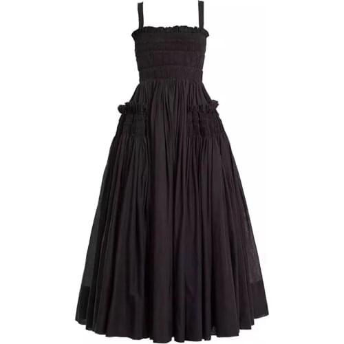 Women black Sling Backless Dress 2021 Spring Summer Vintage Pleated Shrink Waist Slim Dresses Fashion New white dress PH253