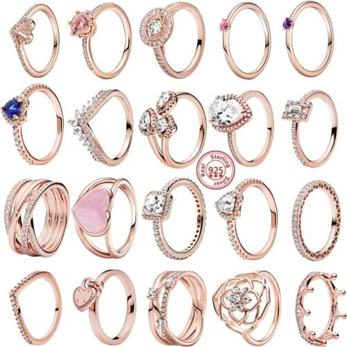 Real 925 Sterling Silver Princess Tiara Crown Sparkling Love Heart CZ Rings Women Engagement Gifts Rose Gold Jewelry Anniversary