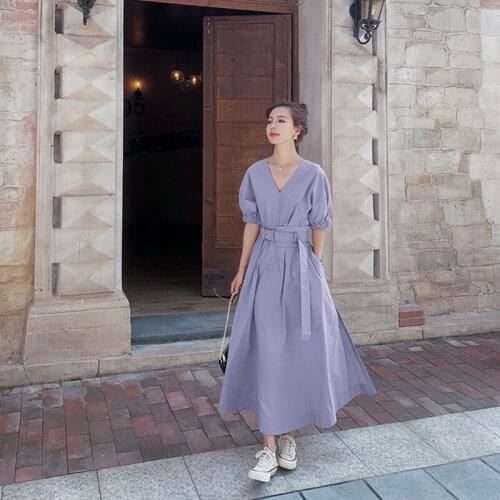 2020 summer womens fashion new French V-neck bubble sleeve lace-up waist slimming temperament mid-length dress female b