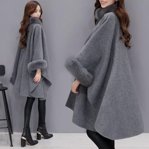2020 fashion Coat Winter Womens Wool Coat Imitation Fox fur collar Fashion female jackets Woolen Cloak shawl jacket female Coat
