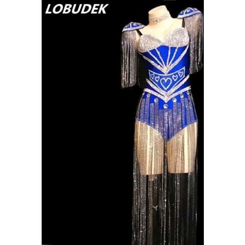Sparkly Rhinestones Epaulet Tassel Blue Black White Bodysuit Female Dancer Jazz Dance Costume DJ Singer Bar Nightclub Stage Wear