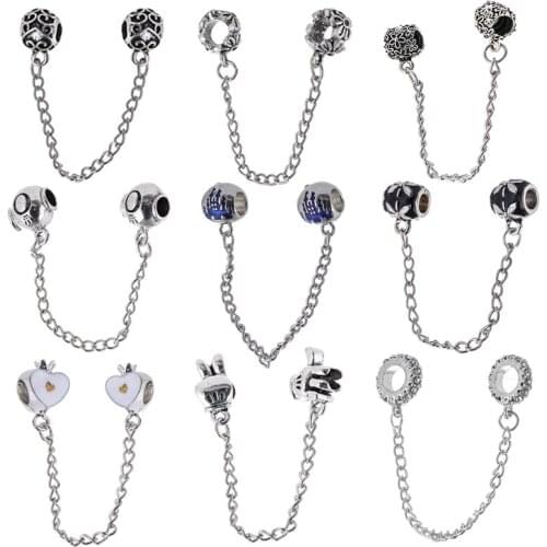 1PC New Arrival Silver Plated Heart Shape Safety Chain Fits Brand Charm Bracelet DIY European Jewelry Making For Women