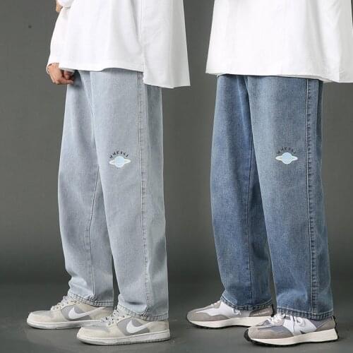 Wide Leg Jeans For Men Casual Loose Oversize Printed Straight Leg Pants Streetwear Trend Washed Denim Trousers Four Seasons