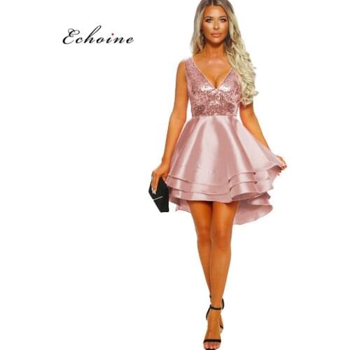 Echoine Party Princess Dress Evening Sexy V-Neck Sequined Cascading Ruffle Short Midi Irregular Hem Female Vestido Women Clothes