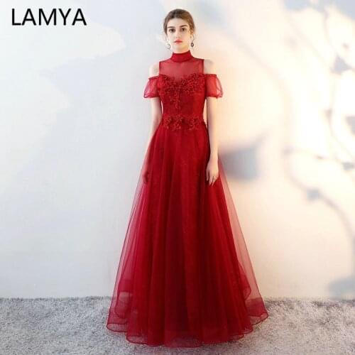 Lamya 2021 Elegant High Neck Prom Long Evening Dresses Party Gowns Appliques a Line Vestido Beading Banquet Formal Sleeveless