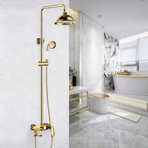 Bathroom Shower Faucet Brass Bath Shower Mixer Tap Hot & Cold Wall Mounted Shower Faucet Set Rotatable Lifting Golden Shower Tap