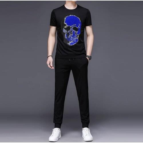 2021 Summer All-Match Men’s Personalized T-Shirt Comfortable Shiny Diamond Two-Piece Design Jogging Track Suit